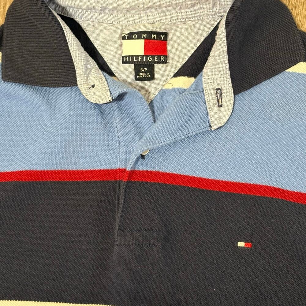 VTG 2005 Tommy Hilfiger Polo Shirt Mens Small Blue Navy Red Striped Y2K Cotton - Picture 2 of 9